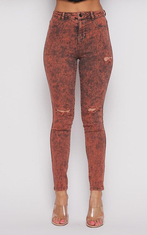 Acid Wash Slightly Ripped Stretchy Skinny Jeans - Orange - SohoGirl.com